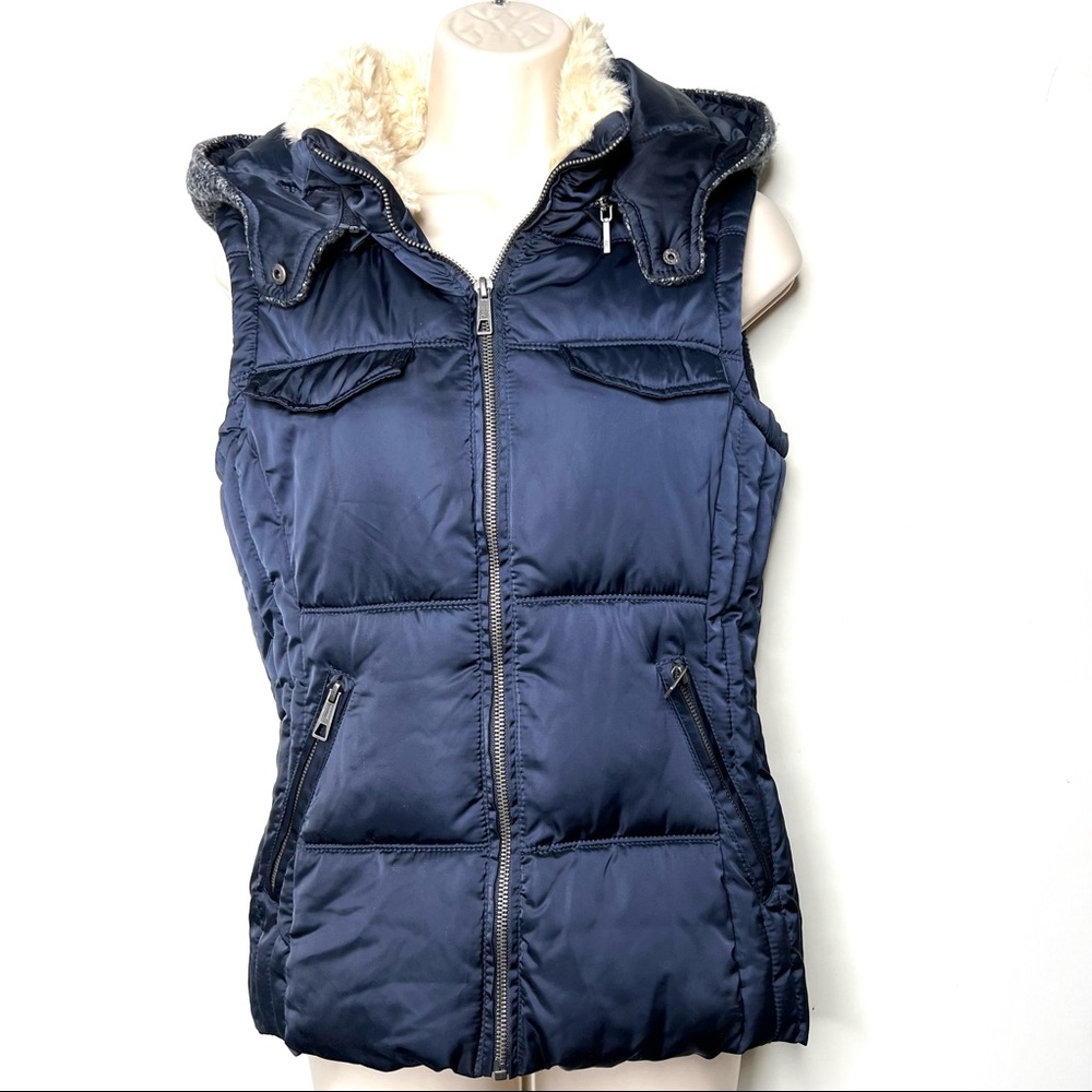 Zara Navy Blue Puffer Vest Hooded sz S